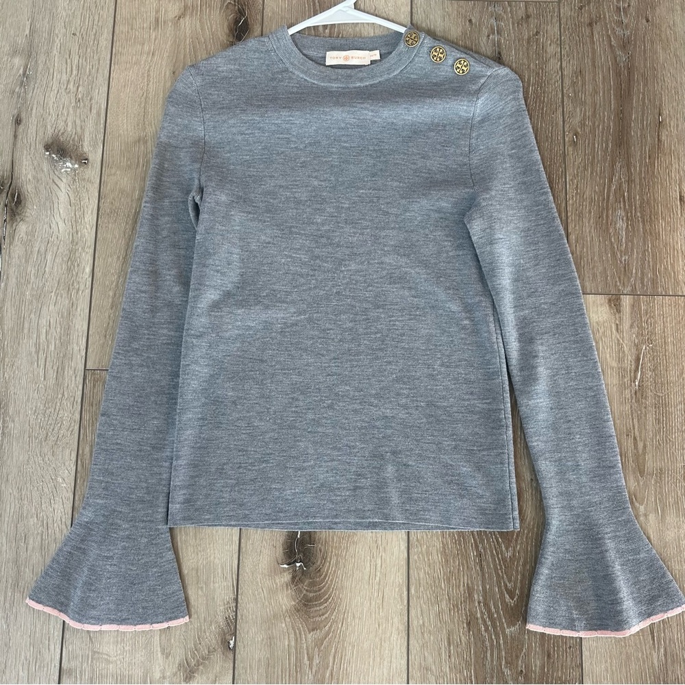 Tory Birch Light Gray Pink+Button Detail Flared Sleeve Top Crewneck Sweater XS